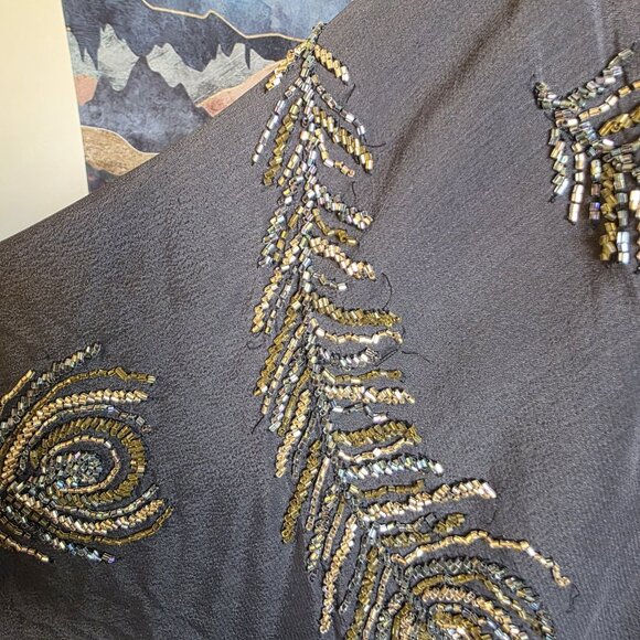 BoYod Black Hand Beaded Peacock Feather Dress S Boho Semi Sheer - Picture 15 of 16